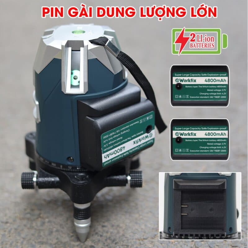 Máy Bắn Cốt, Cân Bằng Laze WORKFIX WF-LS05X, 5 Tia Xanh, Xoay 360°, Kèm Chân 1m3 — 2 PIN DUNG LƯỢNG LỚN, SẠC TYPE-C