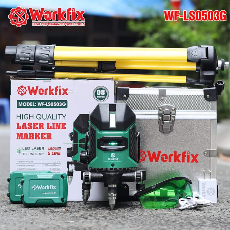 Máy cân bằng laser WORKFIX WF-LS0503G , 5 tia xanh bóng LED siêu sáng Phím cảm ứng Hộp nhôm — TRỌN BỘ MÁY CÂN BẰNG LASER WORKFIX