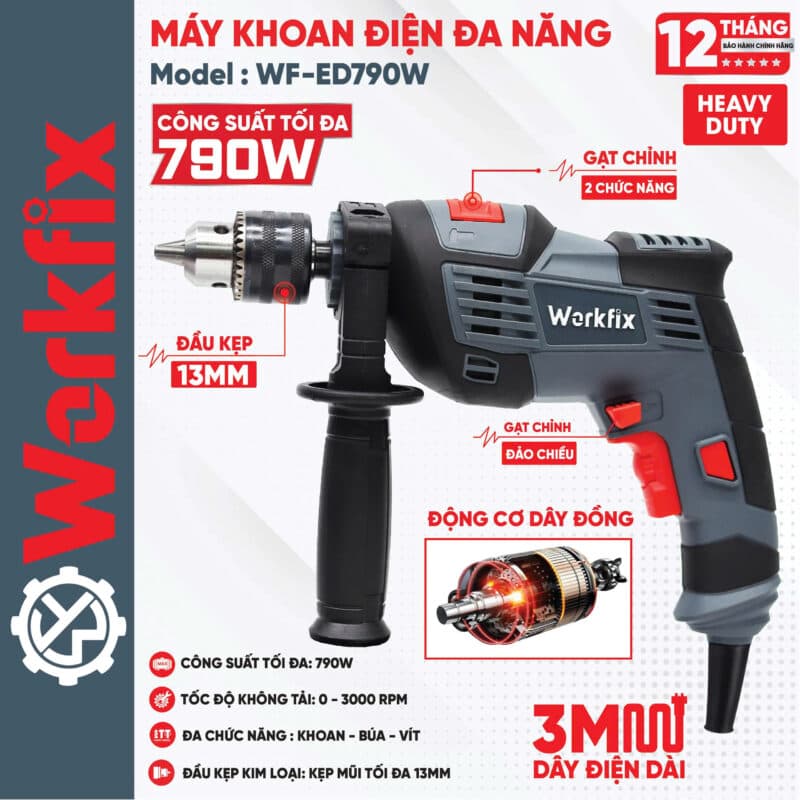 Máy khoan bê tông Workfix WF-ED790W, khoan 3 chức năng cực mạnh zMáy khoan bê tông Workfix WF-ED790W, khoan 3 chức năng cực mạnh z — CHUẨN 100% LÕI ĐỒNG