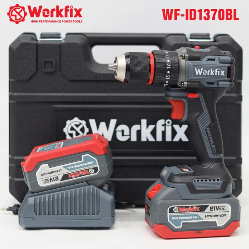 Máy khoan pin 13mm Workfix WF-ID1370PRO Lực siết 70N.m Autolock Không chổi than - Chân pin phổ thông Makita — TRỌN BỘ SẢN PHẨM
