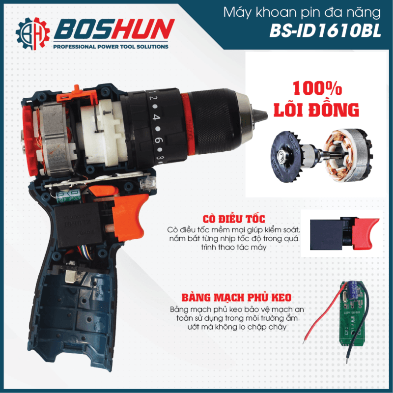 Máy Khoan Pin Bossun M16B-ID1610BL – 16.8V Lõi Đồng, 3 Chế Độ Đa Năng, Pin 4 Cell Dung Lượng Cao — ĐỘNG CƠ KHÔNG CHỔI THAN