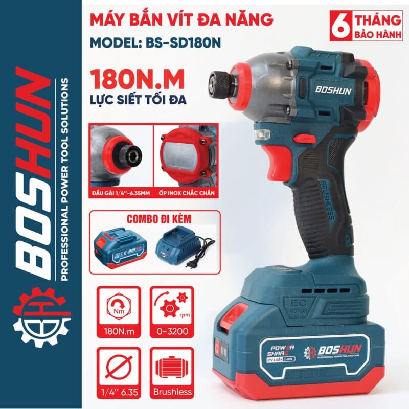 Máy Bắn Vít Boshun BS-CV180NM, Lực Siết 180Nm, Có 3 chế độ lực siết, Autostop Bắt Vít Gỗ, Vít Sắt — THIẾT KẾ NHỎ GỌN ĐA CHỨC NĂNG