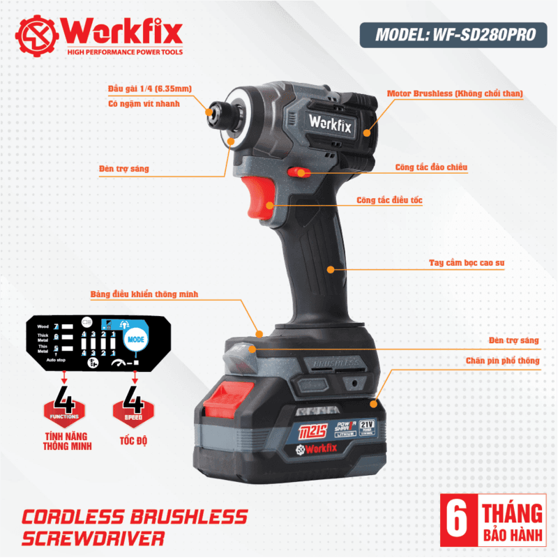 Máy Chuyên vít Workfix WF-SD280CP, Lực siết 280Nm, Điều tốc 4 cấp và 4 Tính năng, Giảm rung AVS - Không chổi than — CHI TIẾT BỘ PHẬN