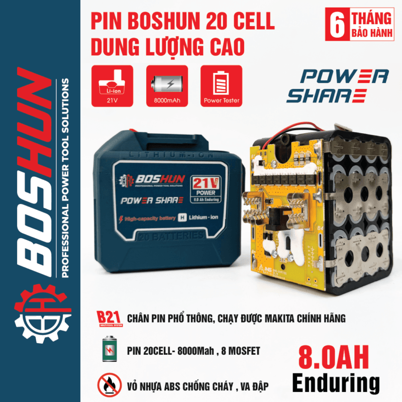 Pin Boshun 20 Cell - Tặng Sạc 2A - Mạch 8 mosfet có đèn báo pin - Pin máy khoan, máy mài, máy siết bulong, máy rửa xe — Mô tả sản phẩm