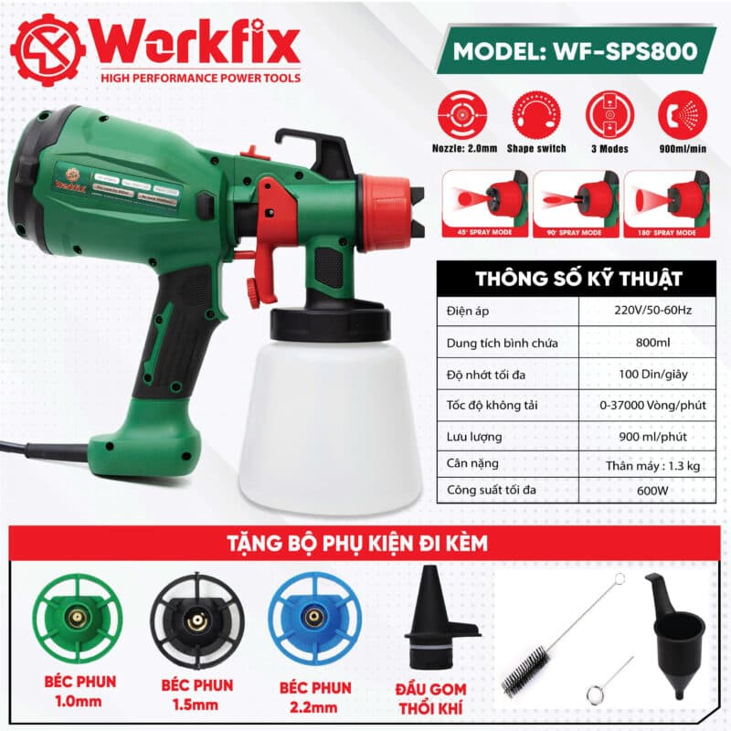 Súng phun sơn điện WF-SG650W, Tặng thêm 1 béc phun 2.0mm, Phun sơn cực mượt, Cực Tiết Kiệm, Có đèn LED siêu sáng — TẶNG 3 BÉC PHUN