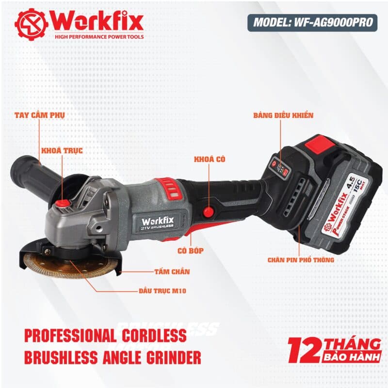 Máy mài pin WORKFIX WF-AG9000ATC có Anti-Kick Back, Không chổi than, 3 Tốc độ, 5 Tính năng an toàn — CHI TIẾT MÁY MÀI