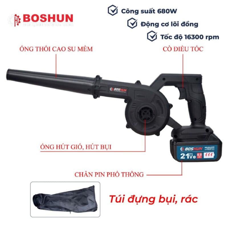 Máy Thổi, Hút Bụi Boshun Đen Công Suất 680W, Chân Pin Phổ Thông, Tốc Độ Gió Cực Mạnh, Bảo Hành 12 Tháng — PHIÊN BẢN HIỆN ĐẠI HƠN