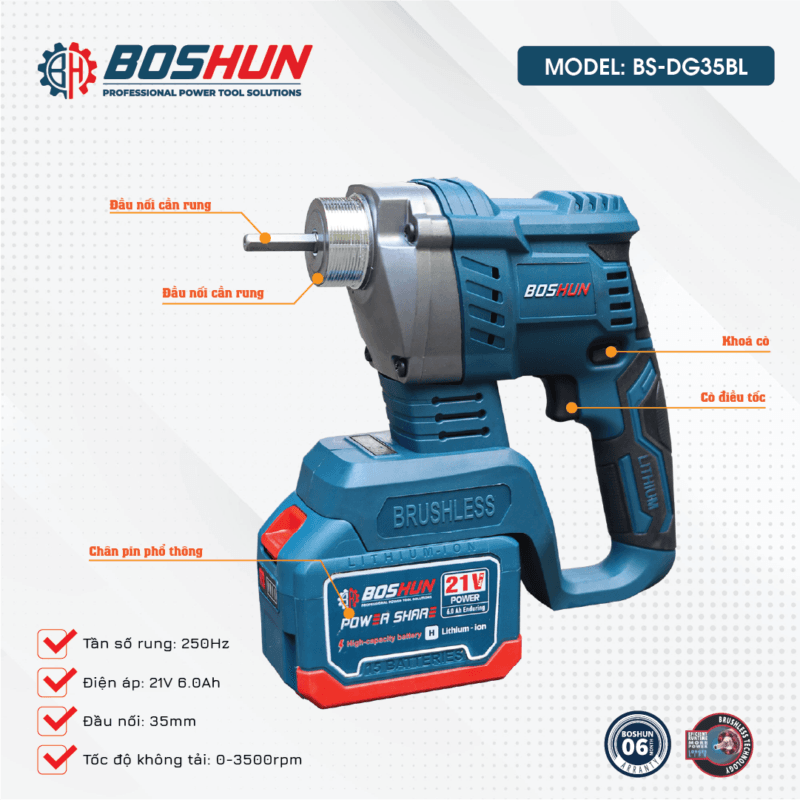 Máy Đầm Dùi Bê Tông Pin Boshun BS-MDD35BL - Chuyên Đầm Dùi, Nén Bê Tông, Bảo Hành Chính Hãng 12 Tháng — THÔNG TIN SẢN PHẨM