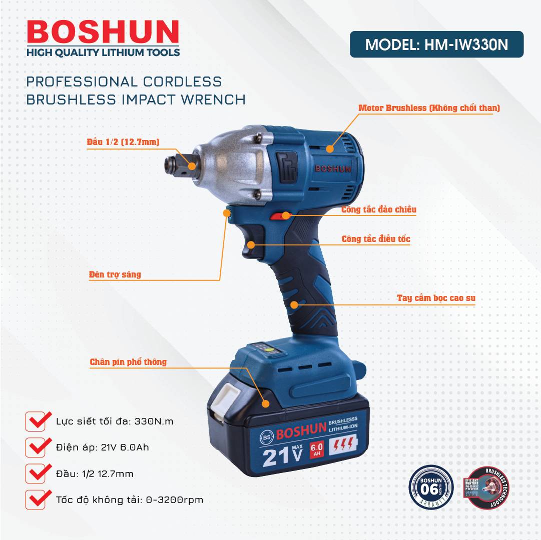 Máy siết bulong pin Boshun BS-IW330N (330N.m), chân pin phổ thông M21, động cơ không chổi than, chính hãng - image 1