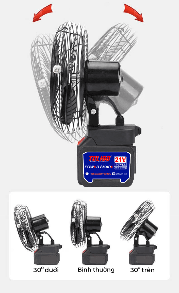 Quạt tích điện dùng pin Lithium Boshun BS-Q1203 - Đường kính 8 inch (Chân pin phổ thông) — Được thiết kế linh hoạt, có thể xoay góc 30 độ trên và dưới