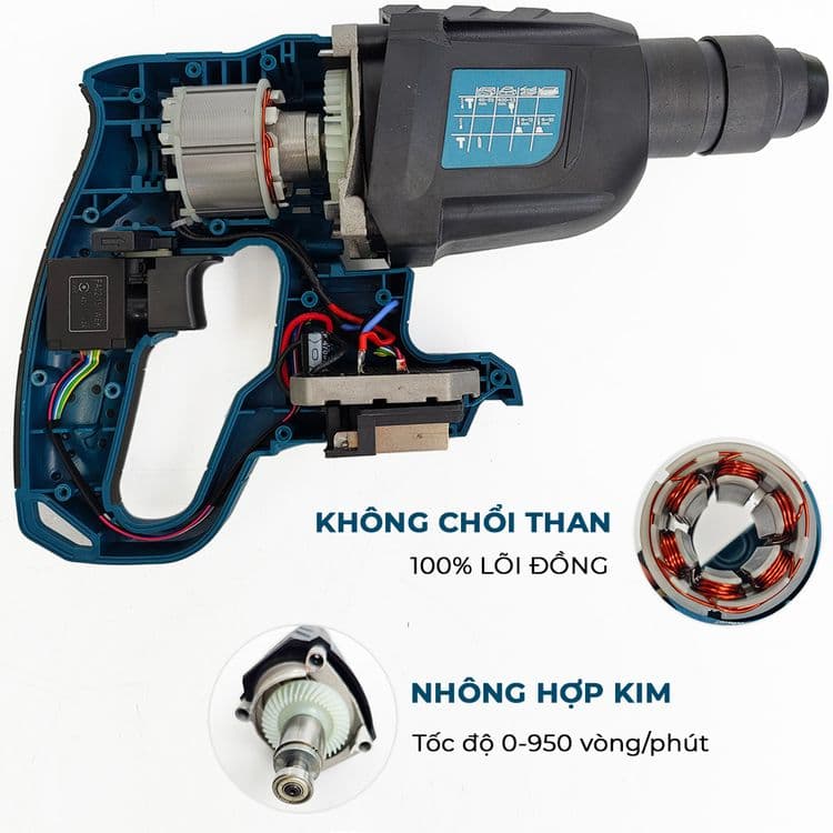 Máy đục bê tông Boshun BS-G2802H - Công suất lớn chuyên dụng công trình — Được đánh giá là dòng máy khoan bê tông dùng pin trang bị động cơ búa không chổi than,100% lõi đồng. Động cơ không chổi than nâng cao hiệu suất làm việc của máy lên tới 85%. Nhờ vậy, máy có thể làm việc với công suất tối ưu, đáp ứng yêu cầu khoan bê tông, khoan thép cực tốt. (1)