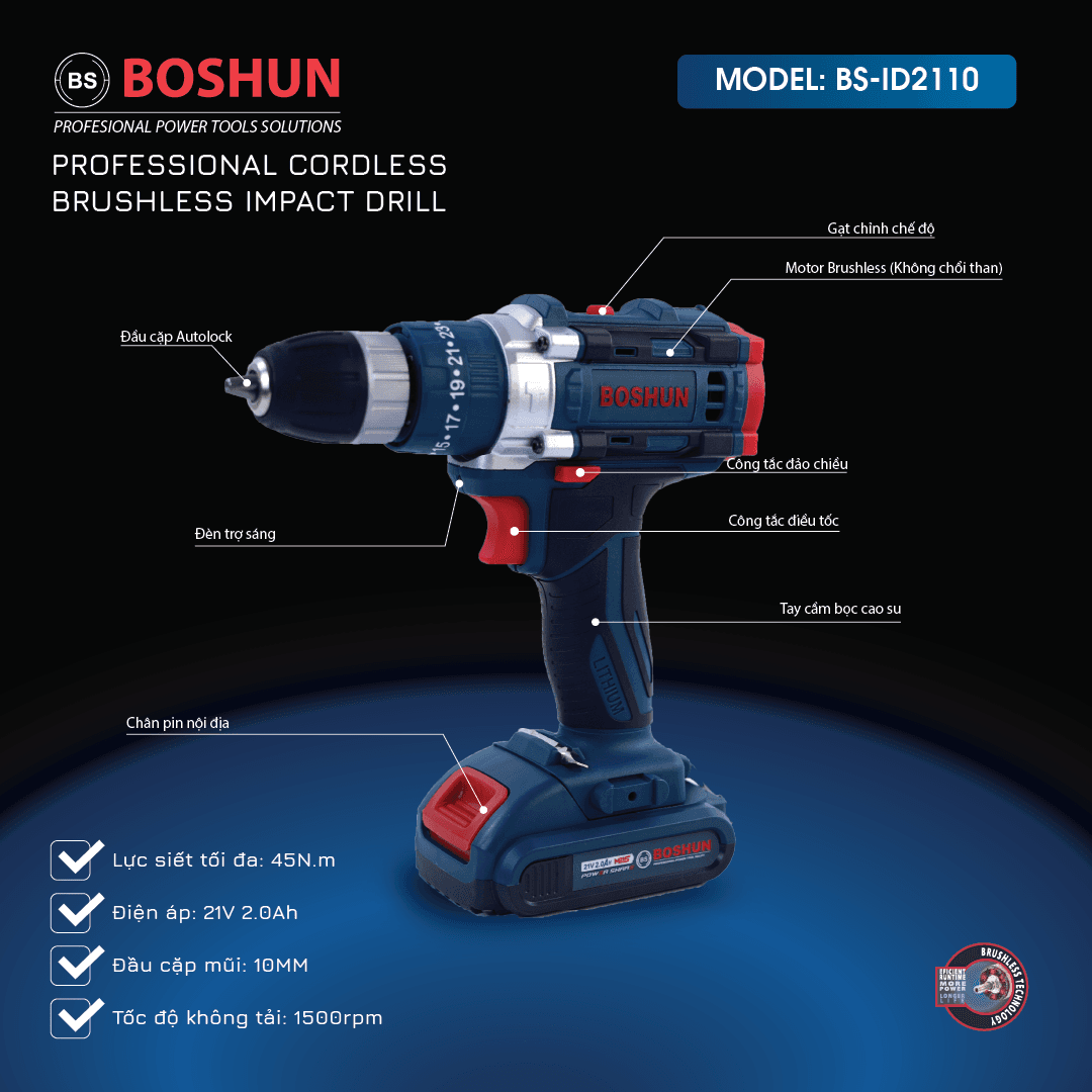 Máy khoan pin Boshun BS-ID2110 (Động cơ không chổi than Brushless) — THÔNG TIN CHI TIẾT (1)
