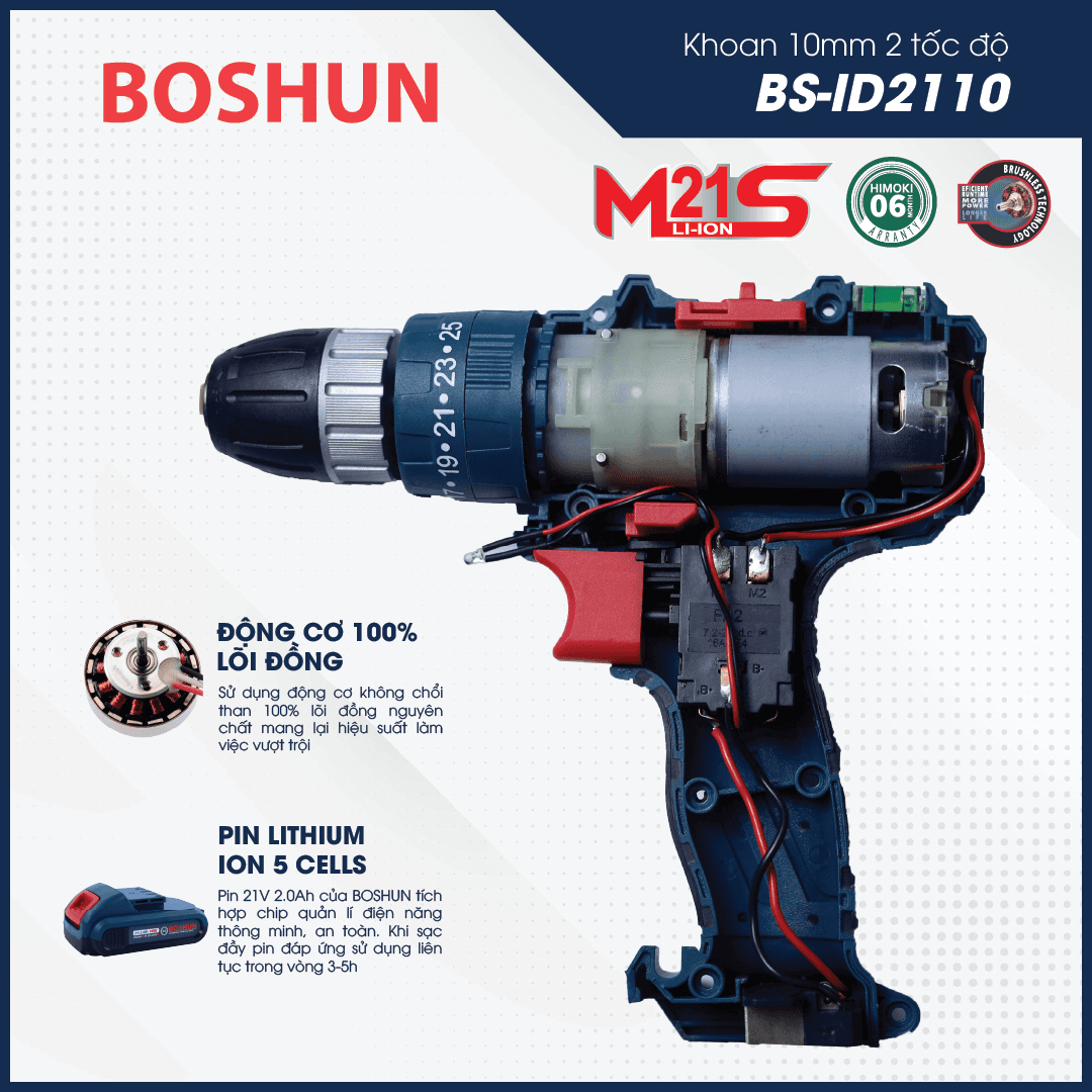 Máy khoan pin Boshun BS-ID2110 (Động cơ không chổi than Brushless) — Máy khoan BOSHUN sử dụng động cơ 100% lõi đồng không chổi than cao cấp, nhông kim loại giúp cho máy có thể hoạt động bền bỉ, tiêu hao ít năng lượng hơn. Bảng mạch để nhôm được phủ keo chống nước, đảm bảo cho các bác làm trong môi trường mưa, môi trường ẩm ướt mà không lo chập cháy (1)