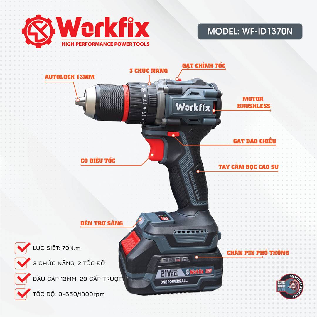 Máy khoan pin Workfix WF-ID1370PRO (70N.m), đầu kẹp 13mm, 2 pin 10 cell, có khoá trục - image 1
