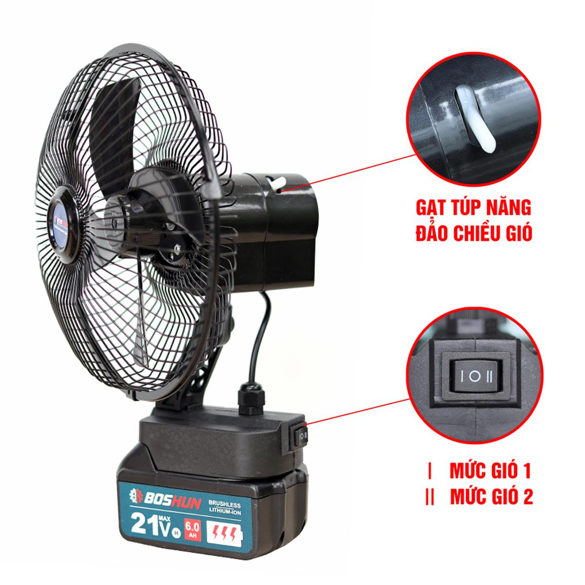 Quạt tích điện 8 inch Boshun BS-Q08, 2 tốc độ quay 180 độ, chân pin phổ thông — NÚT ĐIỀU CHỈNH CHỨC NĂNG