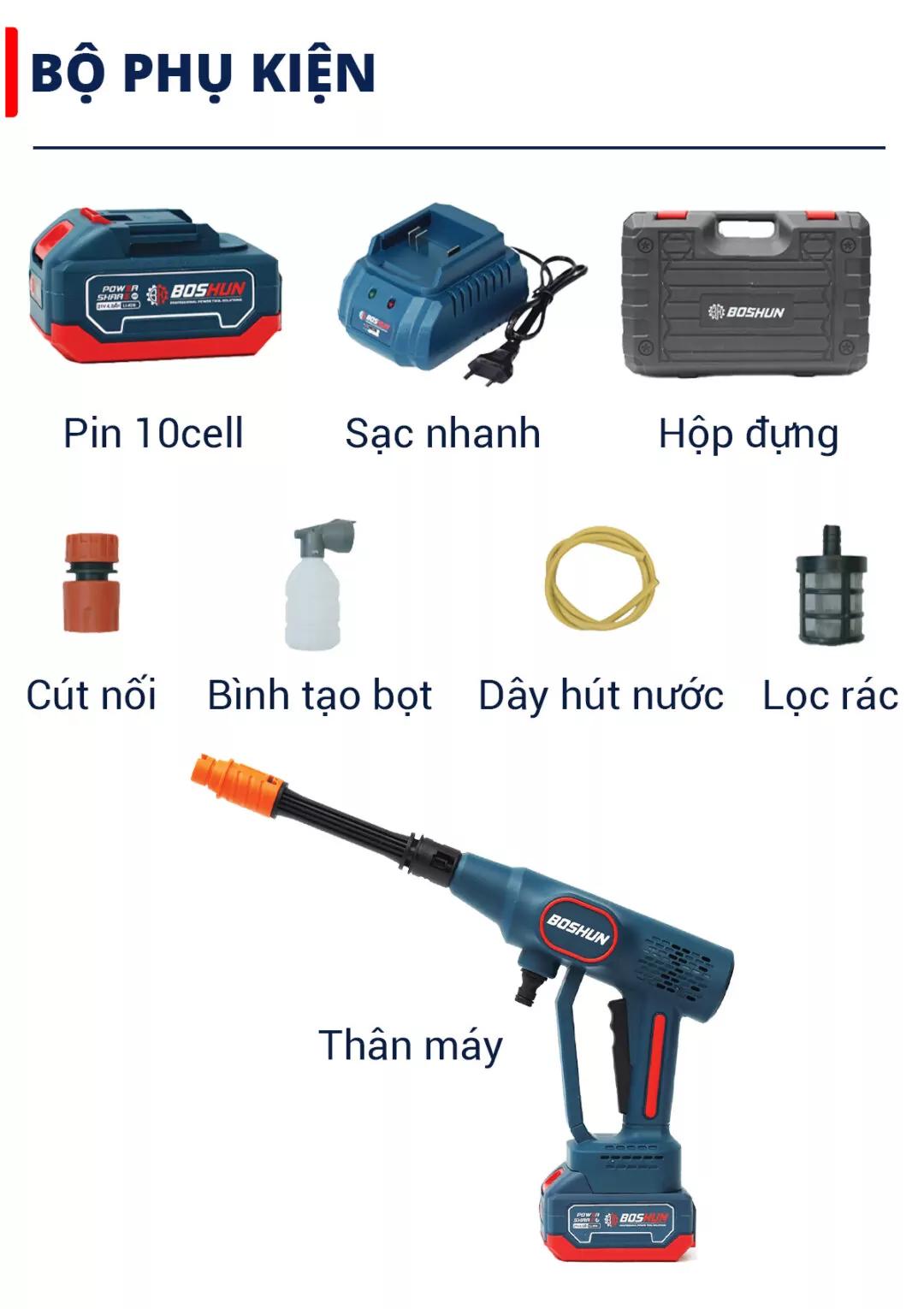 Máy rửa xe pin Boshun BS-PW2136BL (24 Bar) - Kèm 2 pin 10 Cell — BỘ SẠC NHANH 220V (2)
