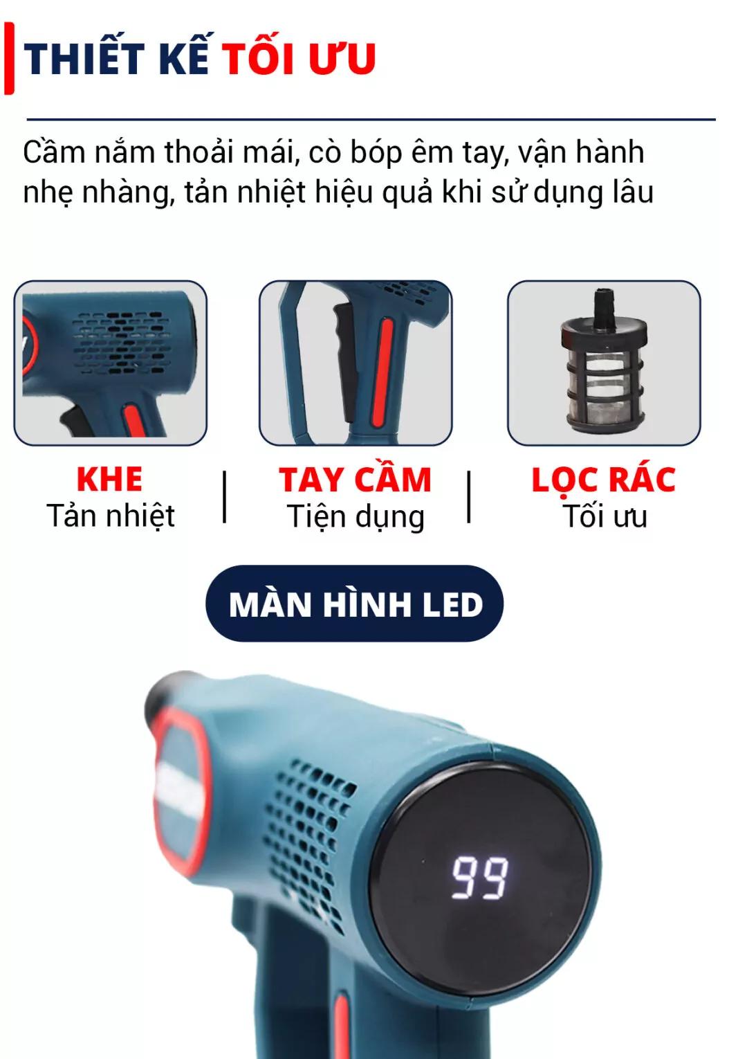 Máy rửa xe pin Boshun BS-PW2136BL (24 Bar) - Kèm 2 pin 10 Cell — Cầm nắm thoải mái, cò bóp êm tay, vận hành nhẹ nhàng, tản nhiệt hiệu quả khi sử dụng lâu