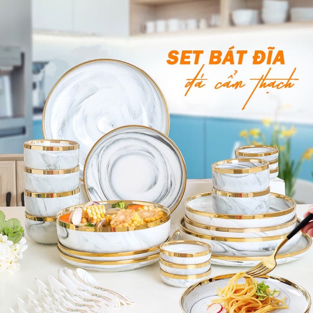 Bộ bát đĩa sứ cao cấp - Phong cách Bắc Âu 16 món viền vàng — VIỀN VÀNG SANG TRỌNG