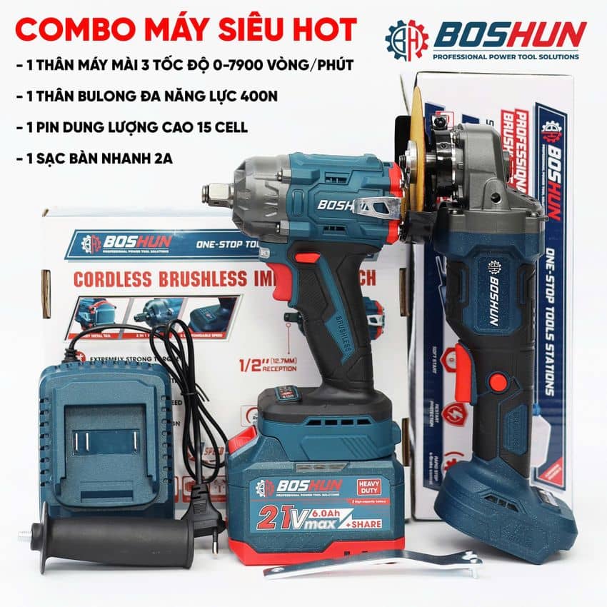 Combo máy siết bulong pin Boshun BS-IW400NV tặng máy mài Boshun M21B-AB100PRO, không chổi than, đầu bulong 2 in 1, động cơ đồng - image 1