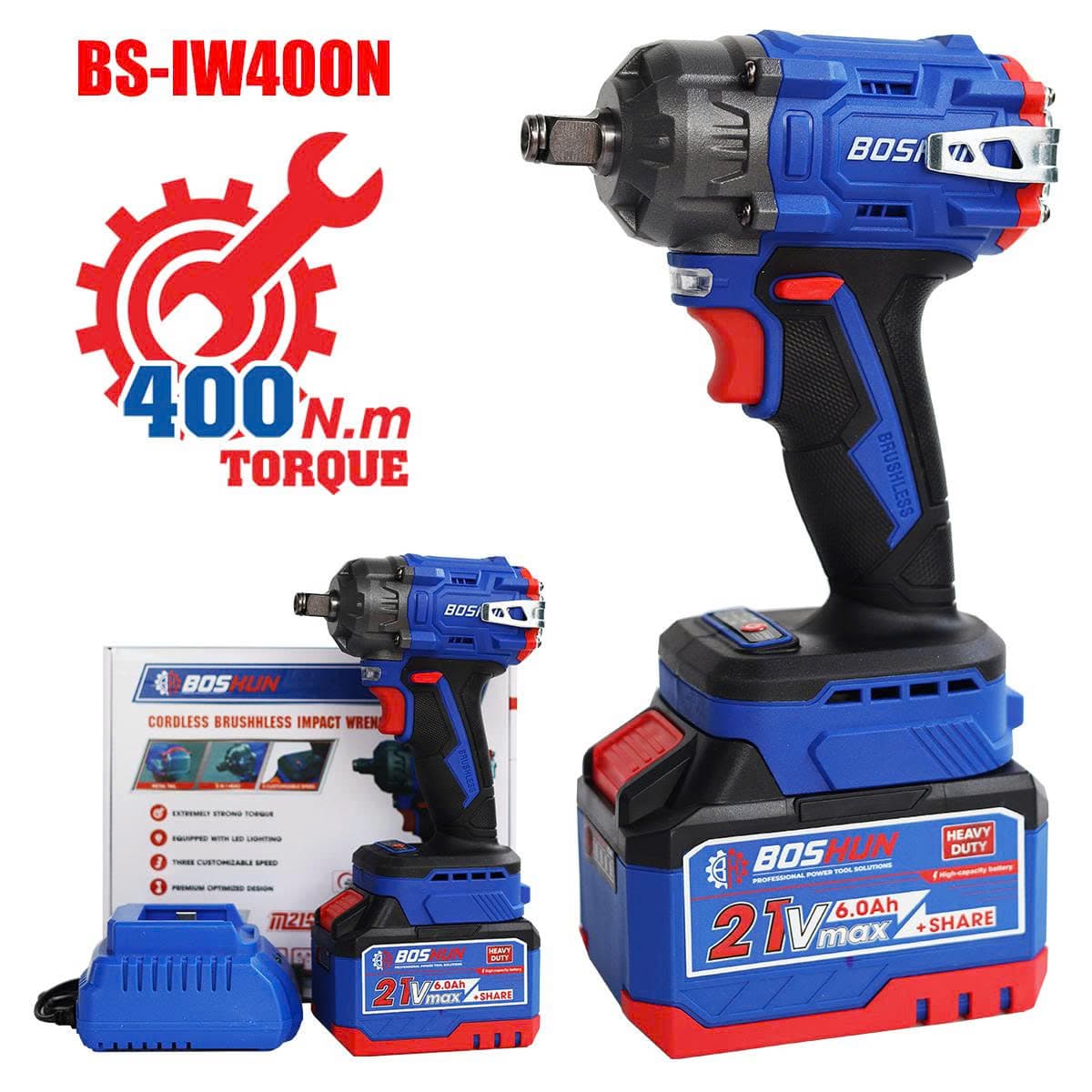 Combo Máy Siết Bulong Pin BOSHUN Tặng Máy Hàn BS-IW400N, Không Chổi Than, Đầu Bulong 2 in 1, Động Cơ Đồng — Máy siết Bulong BS-IW400N