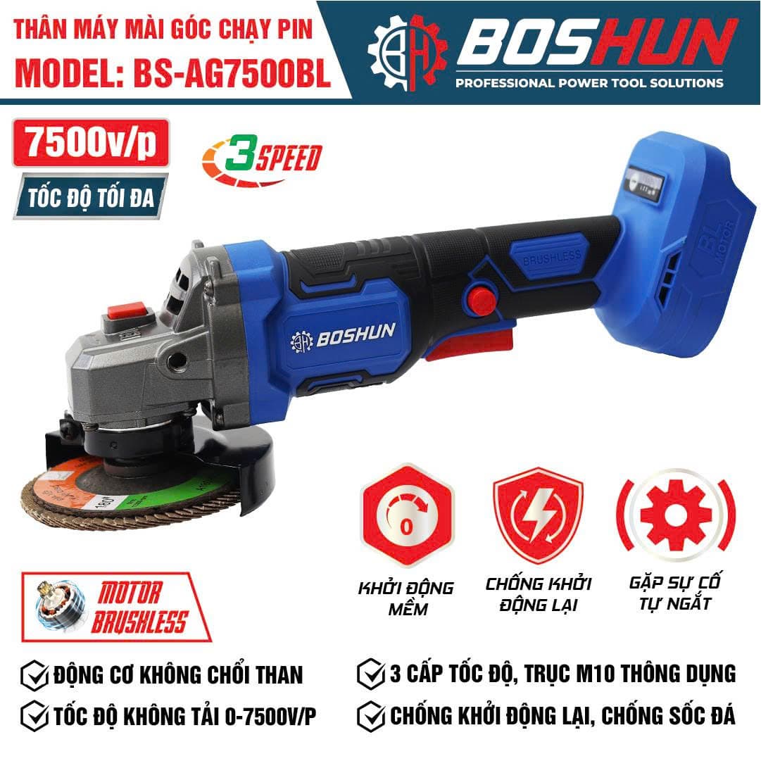 Combo Máy Siết Bulong Pin BOSHUN Tặng Máy Hàn BS-IW400N, Không Chổi Than, Đầu Bulong 2 in 1, Động Cơ Đồng — Máy mài BS-AG7500BL