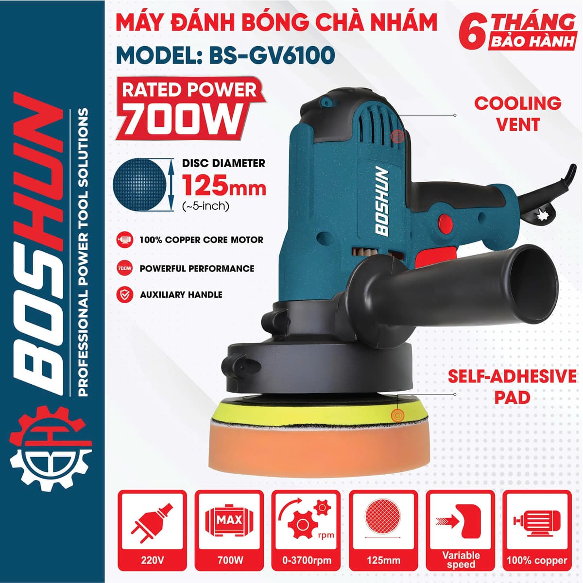 Máy đánh bóng cầm tay BOSHUN BS-GV6100 - Tặng phớt lông cừu và mút - Công suất 700W