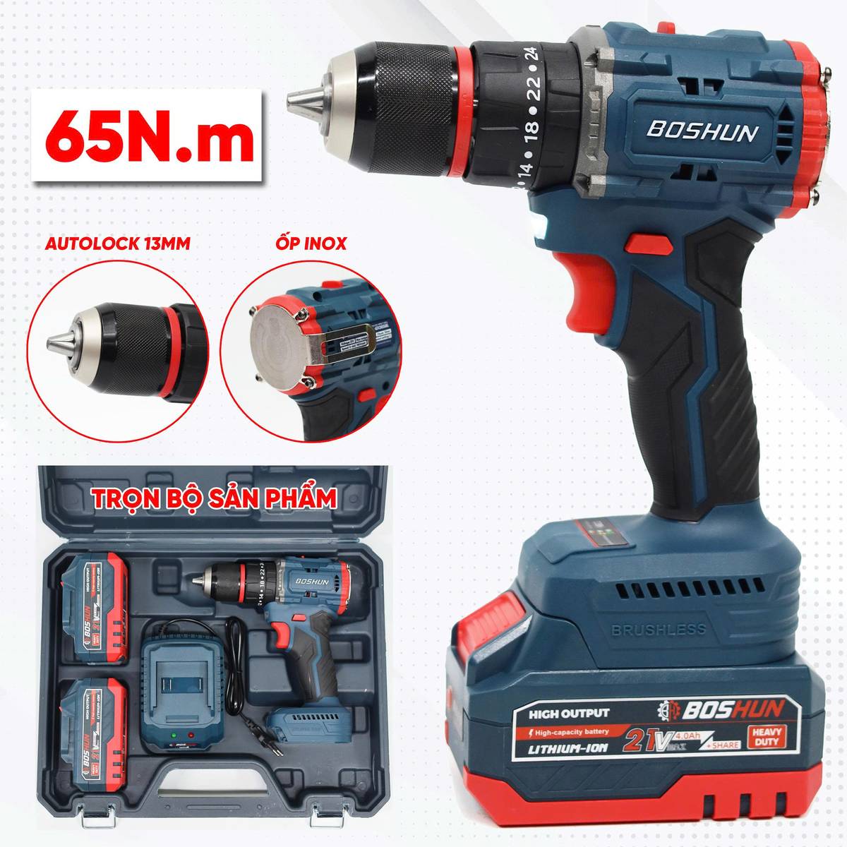 Máy khoan pin Boshun BS-ID1365BL (65N.m), động cơ từ, đầu kẹp 13mm - image 1