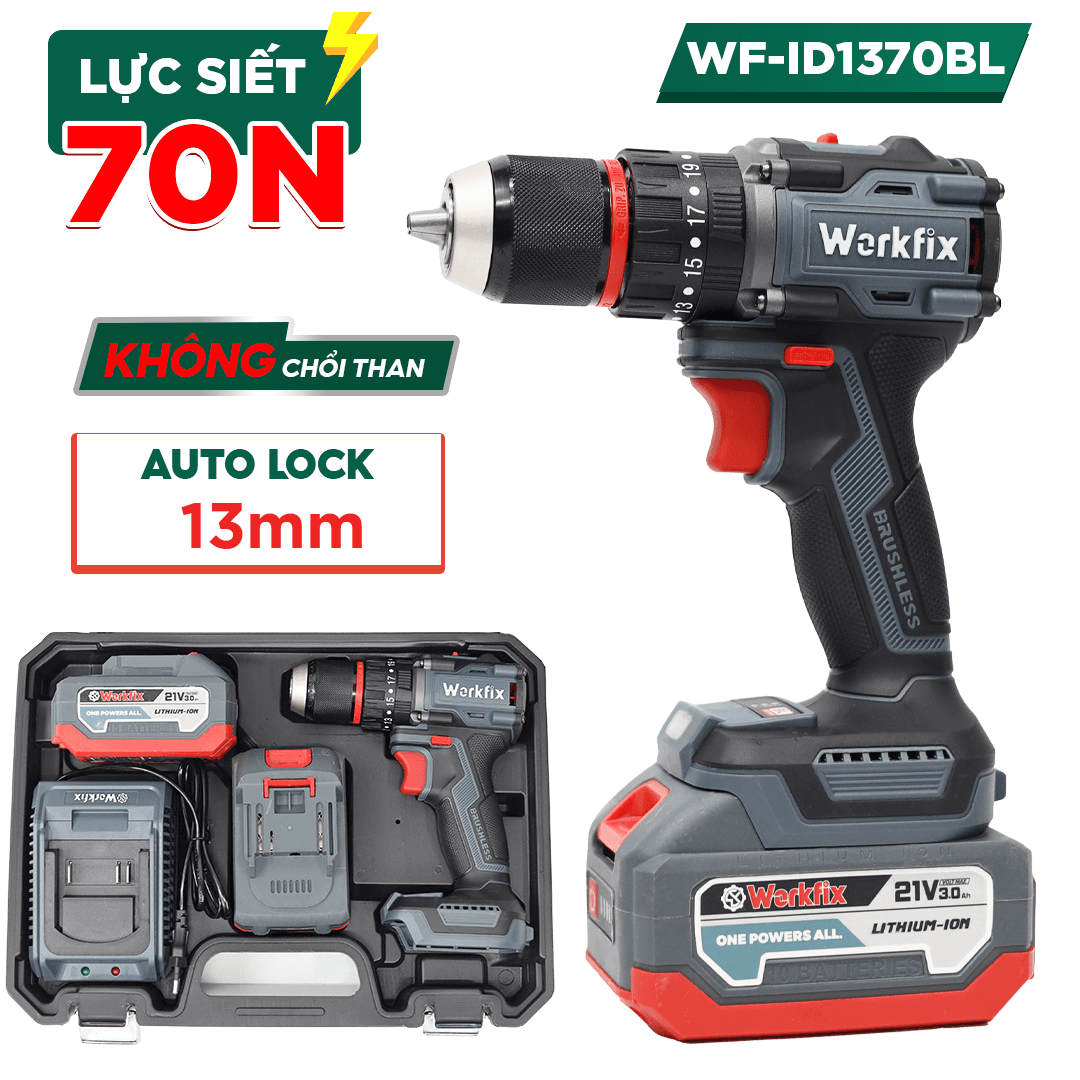 Máy khoan pin 13mm Workfix WF-ID1370PRO Lực siết 70N.m Autolock Không chổi than - Chân pin phổ thông Makita - image 1