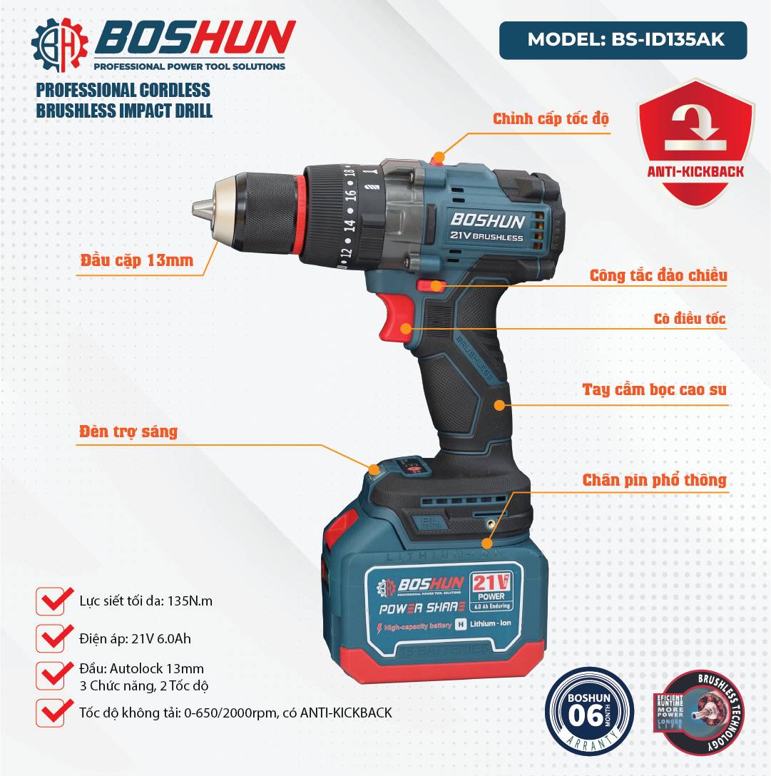 Máy khoan pin Boshun BS-ID135ATC pin 15 cell, có Anti-Kick Back, chuyên khoan bê tông, khoan tường, sắt, gỗ - image 1