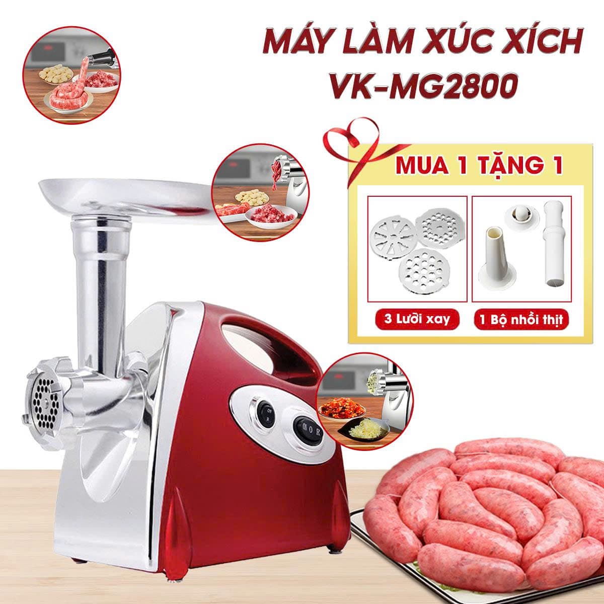 Máy làm xúc xích cực dễ, cực nhanh Venko VK-MG2800, Tặng thêm 3 lưỡi xay thịt, làm giò chả và 1 bộ nhồi thịt