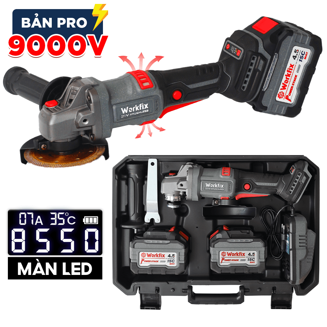 Máy mài pin WORKFIX WF-AG9000ATC có Anti-Kick Back, Không chổi than, 3 Tốc độ, 5 Tính năng an toàn