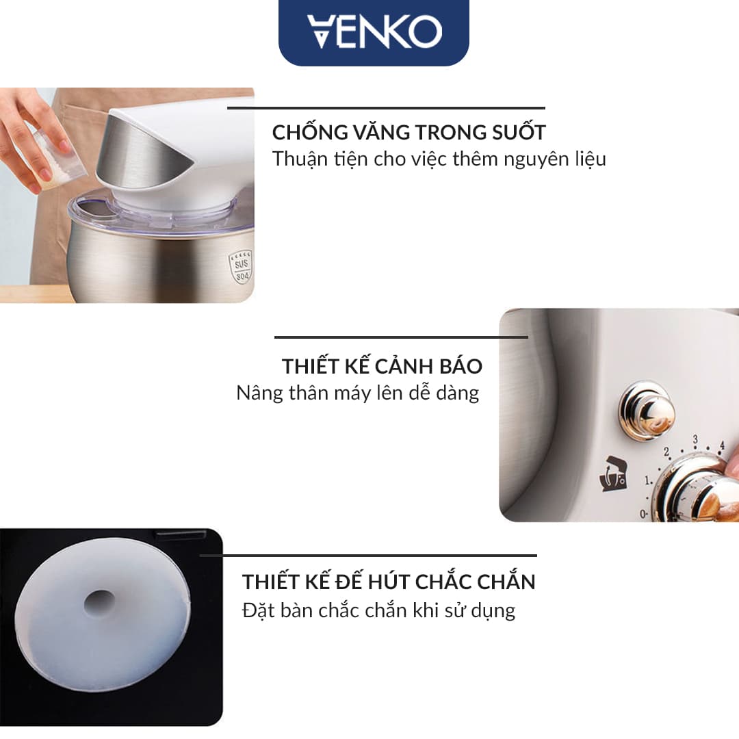 Máy Nhào Bột Venko Cỡ Lớn 3.5 Lít - Tặng Ngay 3 Đầu Trộn - Nhào Bột, Đánh Trứng, Quết Chả Giò — CHI TIẾT CÁC BỘ PHẬN