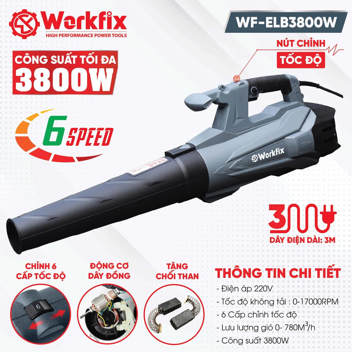 Máy thổi điện WORKFIX WF-ELB3800W - Tặng bộ chổi than cao cấp - Công suất 3800W thổi liên tục — TẶNG BỘ CHỔI THAN CAO CẤP