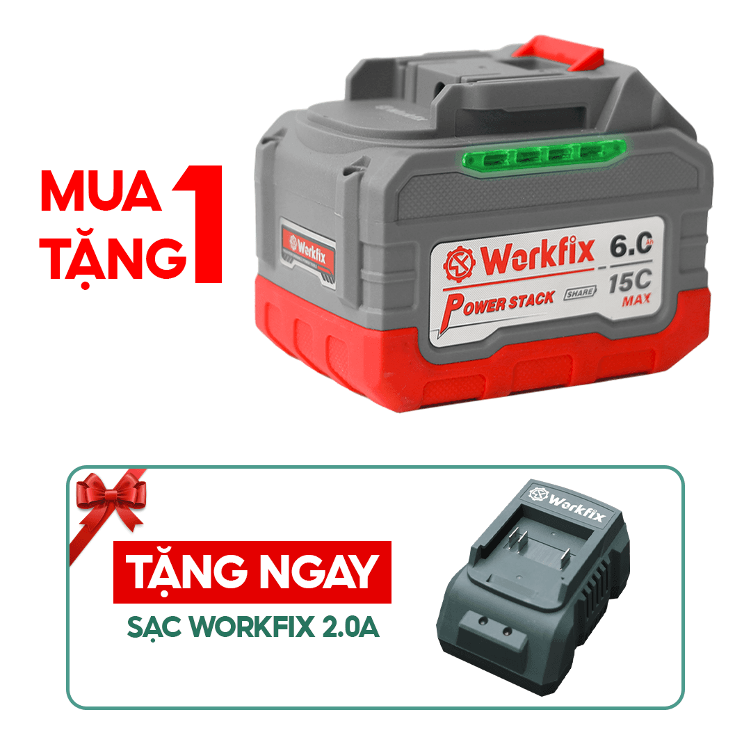 Pin 15 Cell WORKFIX WF-BK6015MAX, Tặng sạc 2.0A, Dung lượng 6Ah, Dòng xả cao 15C, Có đèn báo pin, Lắp vừa makita chính hãng