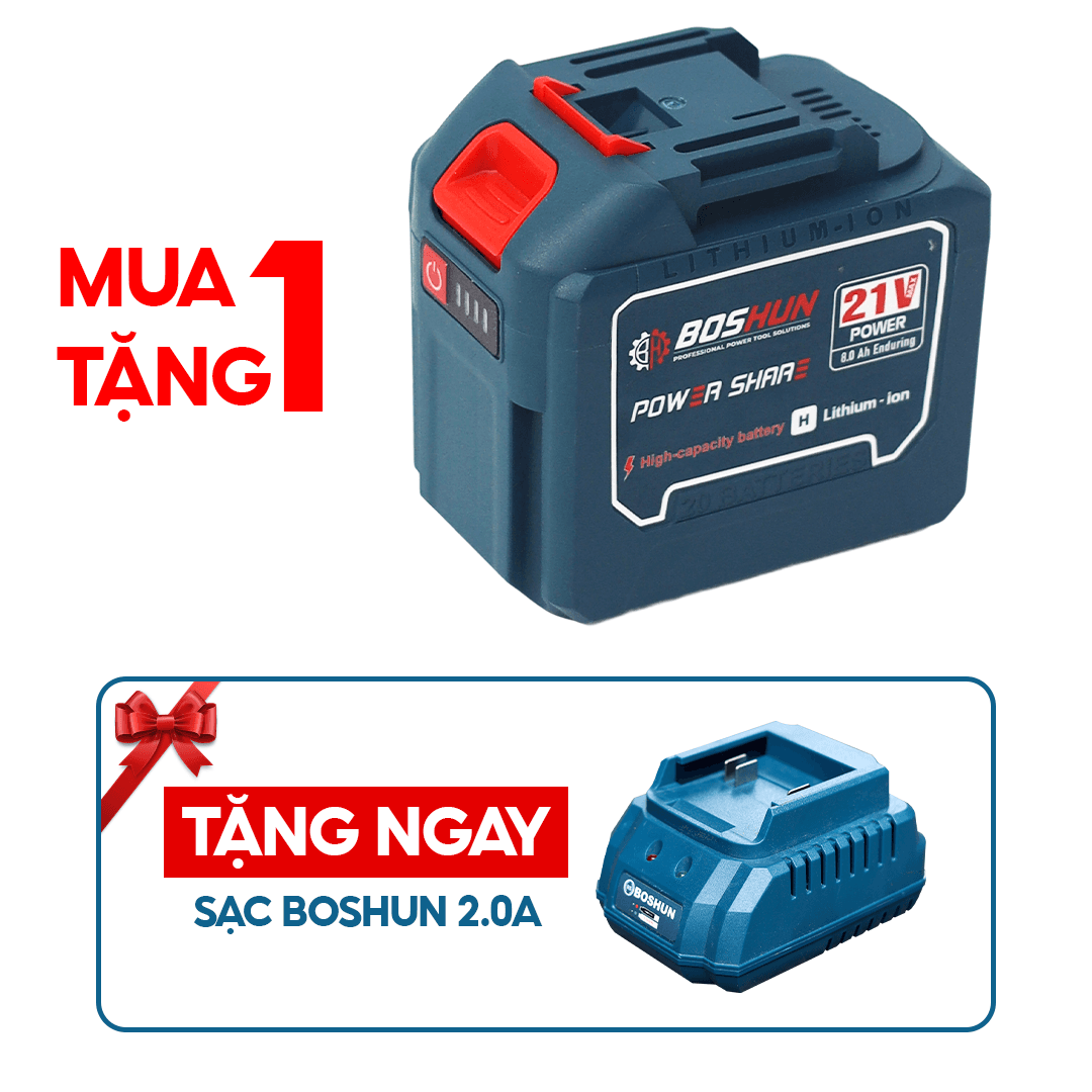 Pin Boshun 20 Cell - Tặng Sạc 2A - Mạch 8 mosfet có đèn báo pin - Pin máy khoan, máy mài, máy siết bulong, máy rửa xe