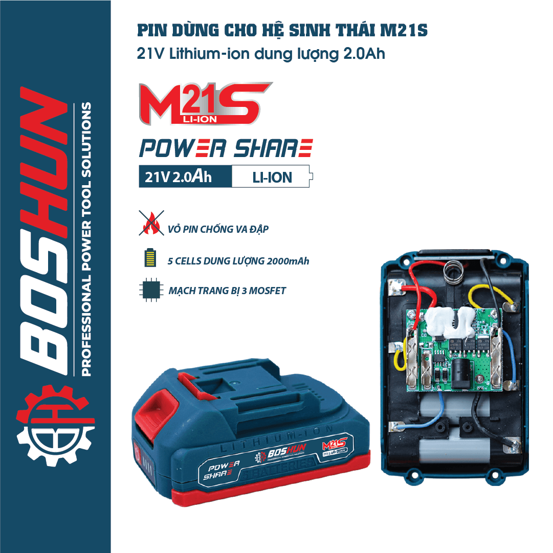 Pin Boshun 5 Cell ABS - Vỏ pin chống cháy nổ - Có đèn báo pin - Pin máy khoan, máy mài, máy siết bulong, máy rửa xe,... - image 1