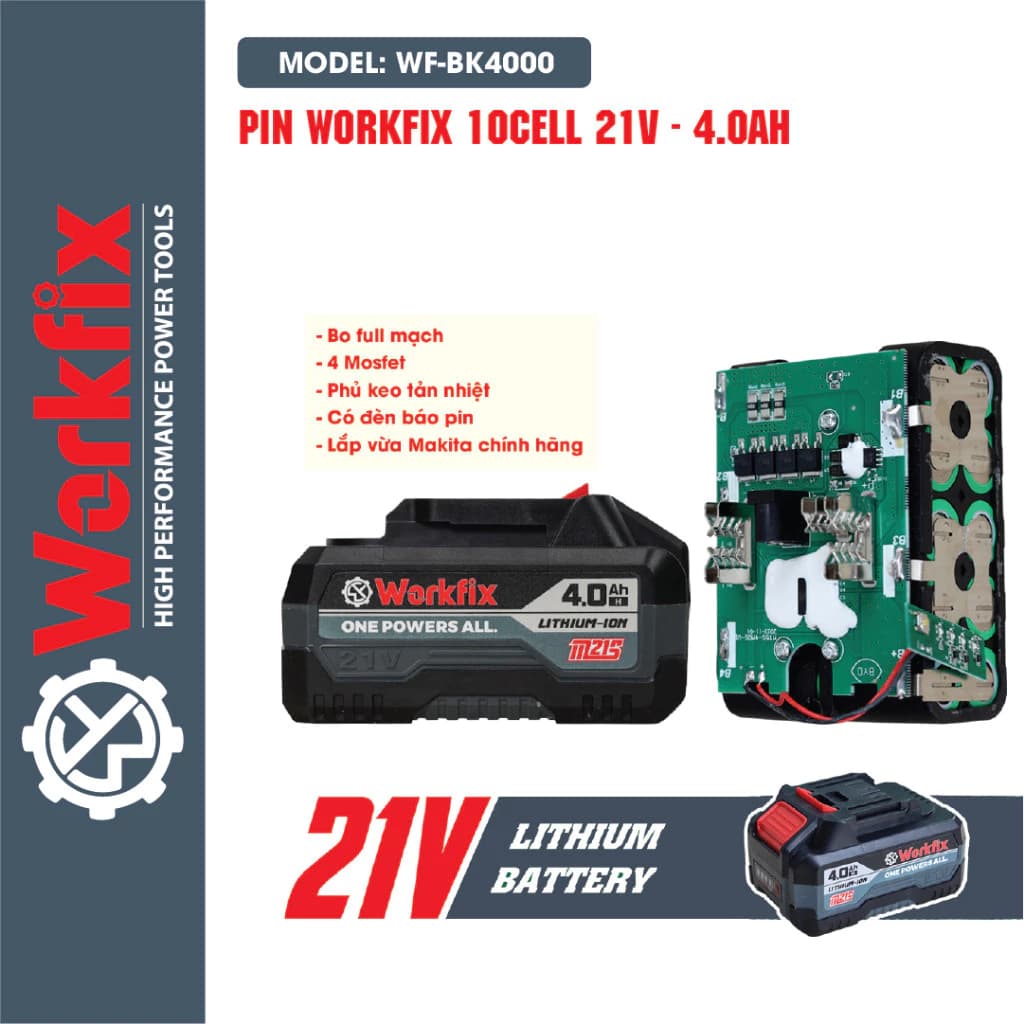 Pin WORKFIX WF-BK4000 10 Cell Mạch 4 mosfed, Tặng sạc 2A, Đèn báo pin, Dòng xả cao — PIN PHỦ KEO TẢN NHIỆT