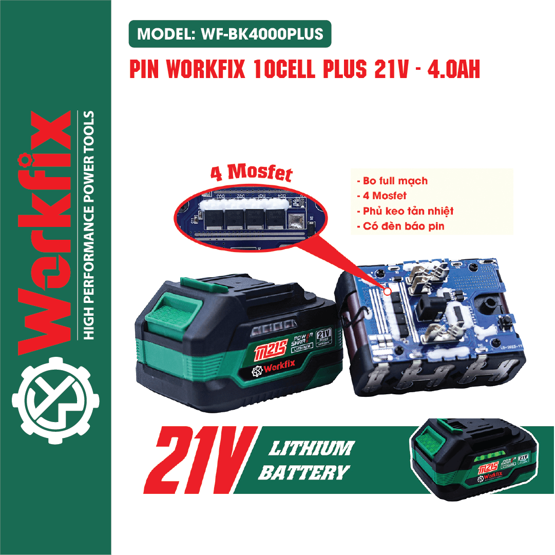 Pin WORKFIX WF-BK4000PLUS 10 Cell Mạch 4 mosfed, Vỏ chống cháy nổ, Đèn báo pin, Dòng xả cao, Bảo hành 12 tháng — BO FULL MẠCH