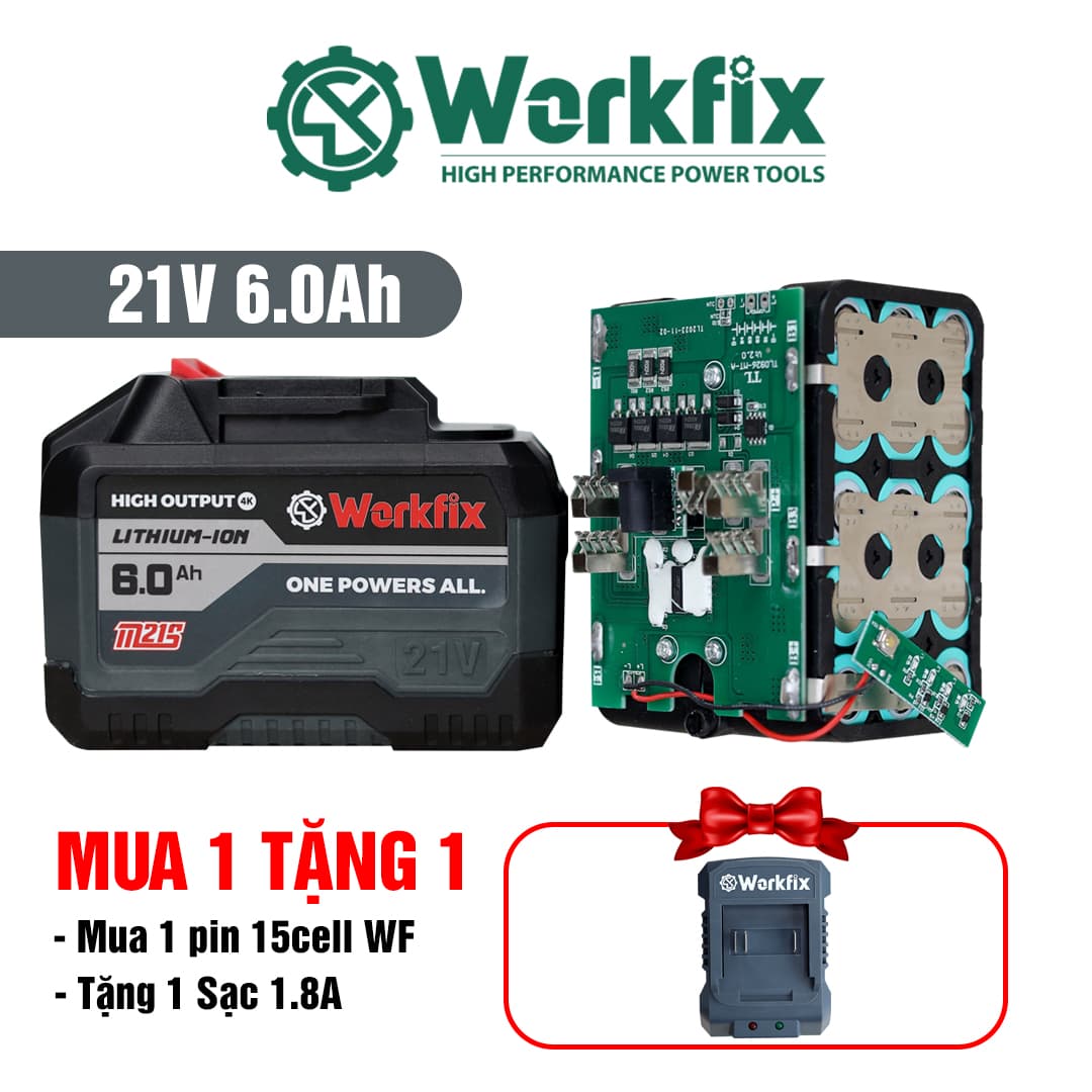 Pin WORKFIX WF-BK6000 15 cell, Tặng sạc 2A, Mạch 6 mosfed,Dòng xả cao — TẶNG NGAY SẠC 2.0A
