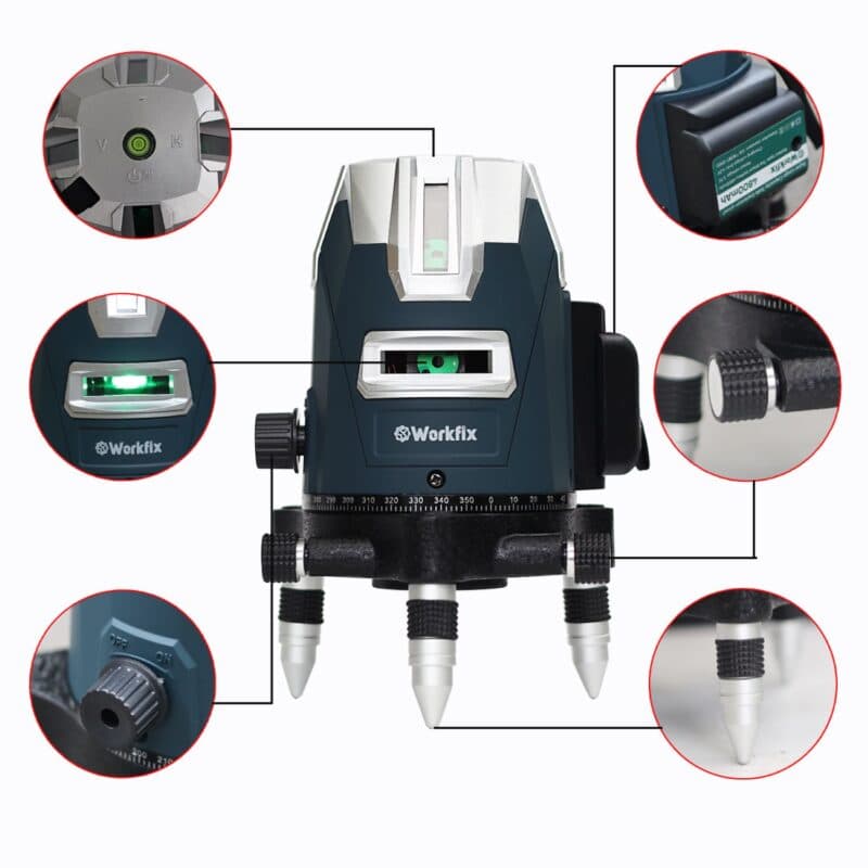 Máy Bắn Cốt, Cân Bằng Laze WORKFIX WF-LS05X, 5 Tia Xanh, Xoay 360°, Kèm Chân 1m3 — TIA LED SIÊU SÁNG