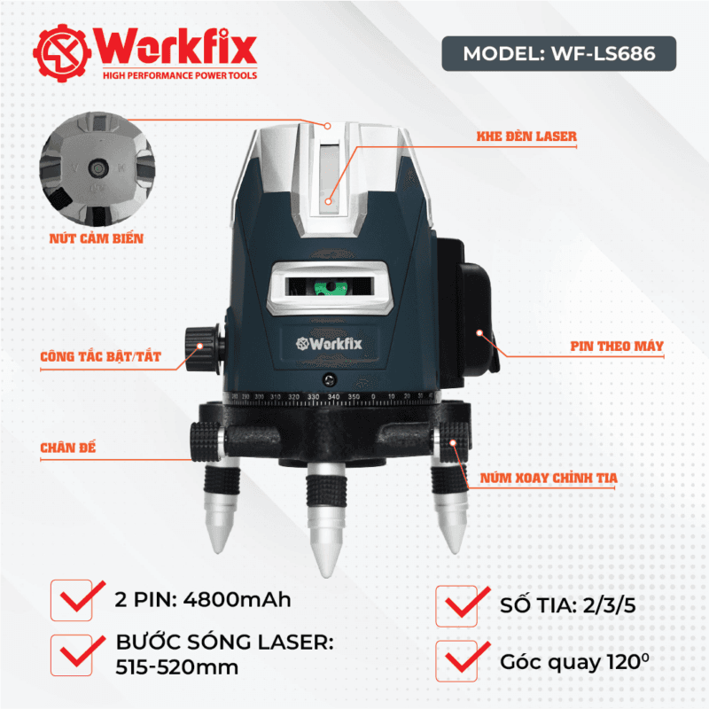 Máy Bắn Cốt, Cân Bằng Laze WORKFIX WF-LS05X, 5 Tia Xanh, Xoay 360°, Kèm Chân 1m3 — THIẾT KẾ NHỎ GỌN CAO CẤP