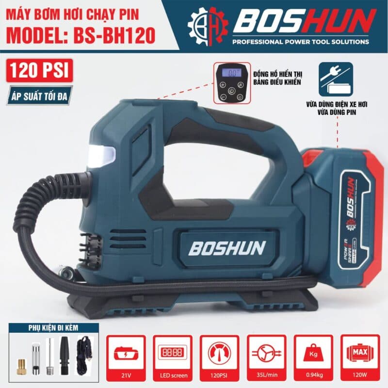 Máy bơm hơi pin BOSHUN BS-BH120Z, Công suất 120W, Áp suất tối đa 120 psi, Màn hình led, Vừa dùng điện vừa dùng pin — ĐA CHỨC NĂNG