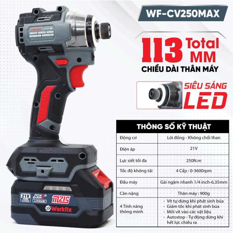 Máy Chuyên Vít Workfix WF-SD250MAX, Vặn Vít Cực Khỏe, Cực Nhanh — 4 TÍNH NĂNG THÔNG MINH