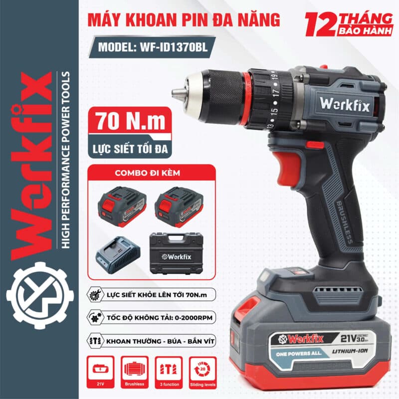 Máy khoan pin 13mm Workfix WF-ID1370PRO Lực siết 70N.m Autolock Không chổi than - Chân pin phổ thông Makita — THÔNG TIN SẢN PHẨM