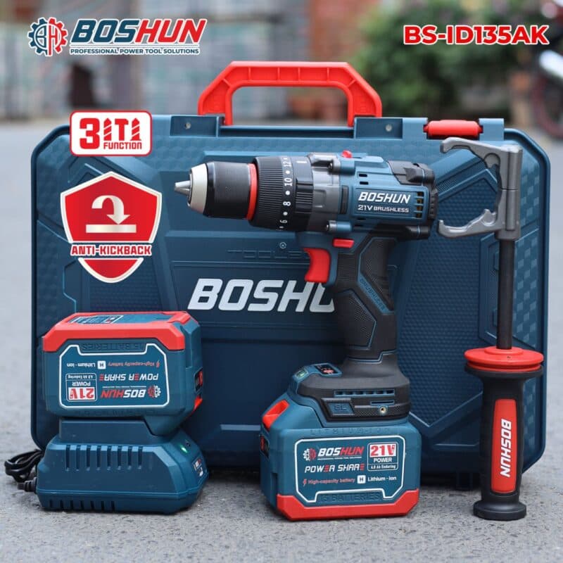 Máy khoan pin Boshun BS-ID135ATC pin 15 Cell, Có Anti-Kick Back, Chuyên khoan bê tông, Khoan tường, sắt, gỗ — THÔNG TIN TỔNG QUAN