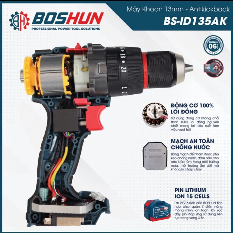 Máy khoan pin Boshun BS-ID135ATC pin 15 Cell, Có Anti-Kick Back, Chuyên khoan bê tông, Khoan tường, sắt, gỗ — ĐỘNG CƠ KHÔNG CHỔI THAN