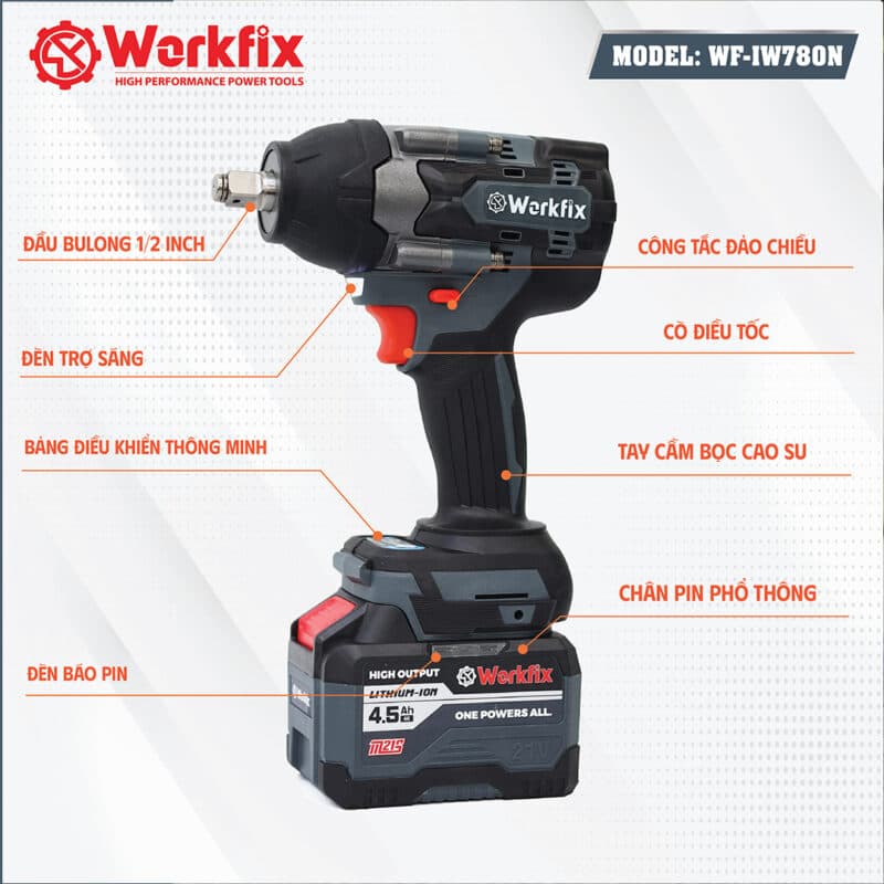 Máy Siết Bulong Dùng Pin WORKFIX WF-IW780NV, Lực Siết 780N.m, Đầu 2 trong 1, Vừa siết vừa khoan — MÁY SIẾT BULONG THIẾT KẾ CỰC TỐI ƯU