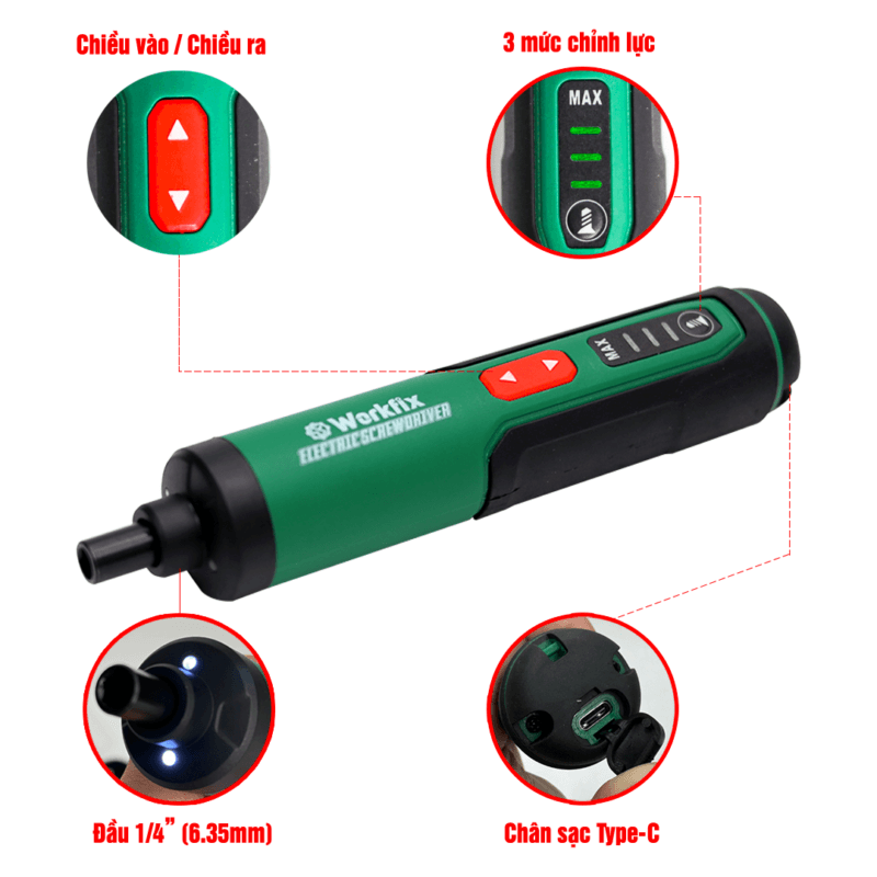 Máy Vặn Vít Mini WORKFIX WF-SD0405, Động cơ Không chổi than, 3 Tốc độ, Lực siết 5Nm, Tặng kèm 26 phụ kiện đa năng — Mô tả sản phẩm
