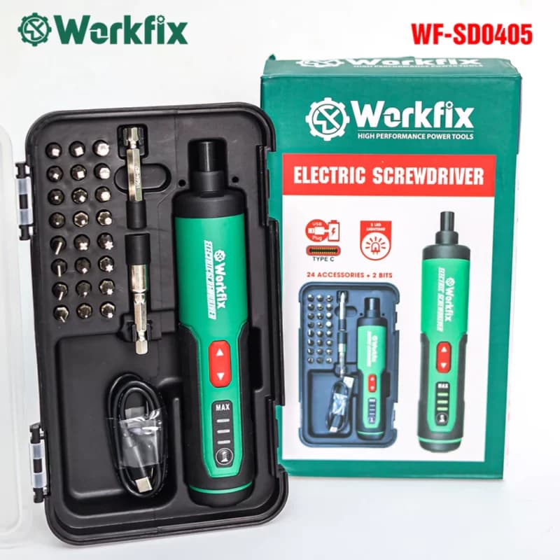 Máy Vặn Vít Mini WORKFIX WF-SD0405, Động cơ Không chổi than, 3 Tốc độ, Lực siết 5Nm, Tặng kèm 26 phụ kiện đa năng — Chi tiết