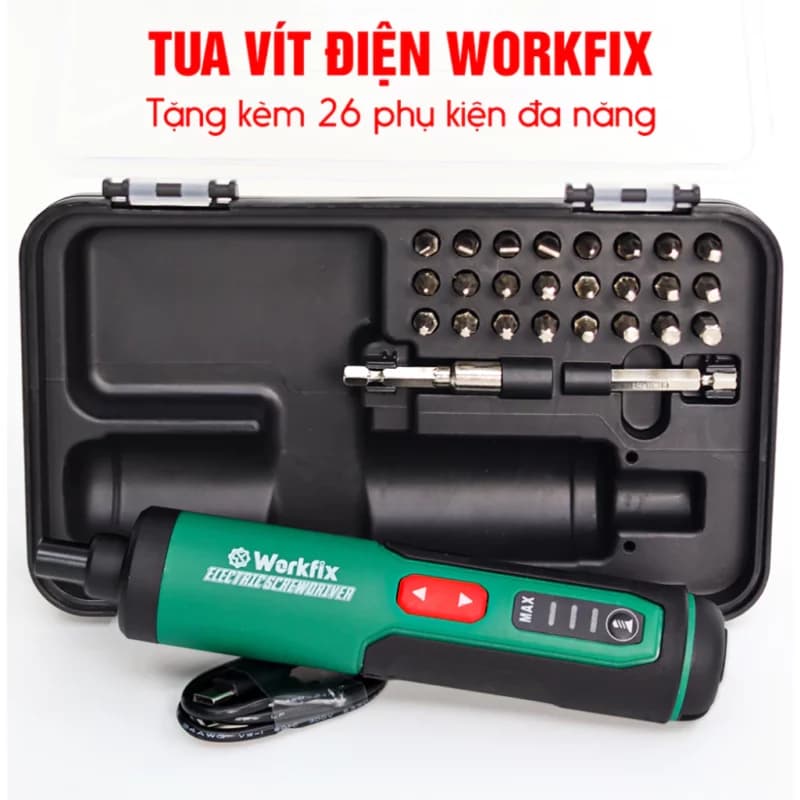 Máy Vặn Vít Mini WORKFIX WF-SD0405, Động cơ Không chổi than, 3 Tốc độ, Lực siết 5Nm, Tặng kèm 26 phụ kiện đa năng — Chi tiết